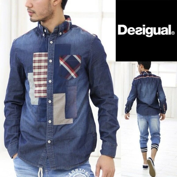 Desigual Other - DESIGUAL Chambray Patchwork LS Button Down Shirt